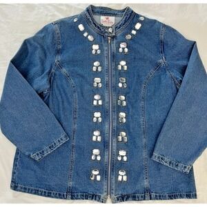 Quacker Factory Collarless Zip Denim Jacket Sz 1X Sparkly Rhinstone Embellished